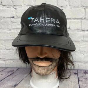 Vintage 90s Leather Hat Cap Strap Back Black TAHERA Diamond AJM
